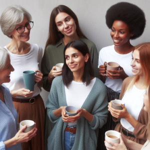 Small-group-of-diverse-women-2-3-engaged-in-conversation.-They-are-holding-mugs-of-tea-or-c-