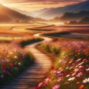 A Winding Path Through a Field of Flowers: A photo of a winding path through a field of colorful wildflowers.