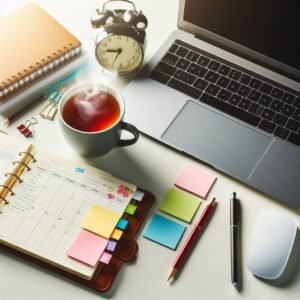 A Calm, Organized Workspace: A clean desk with a laptop, a planner with colorful sticky notes, and a steaming mug of tea. This image conveys organization, planning, and a focus on small, achievable goals