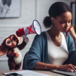 A woman sitting at a desk, working on a project. Behind her shoulder, a small gremlin-like creature (perhaps drawn or a stuffed animal) holds a megaphone to her ear. The megaphone is muted, with a red "X" across it. This symbolizes the act of silencing the inner critic\'s negativity.