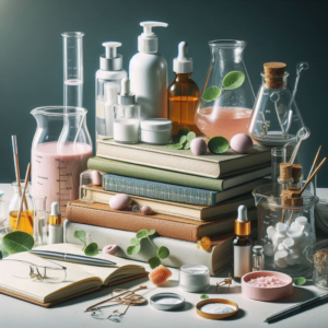 A-clustered-desk-with-skincare-ingredients-a-book-a-pen-and-a-beaker-with-liquid-inside