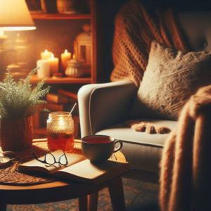 A-cozy-living-room-scene-illuminated-by-the-soft-warm-glow-of-a-lamp-or-candles.-A-comfortab