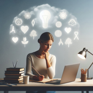 A serene, introspective woman sits at a tidy desk, surrounded by symbols of achievement like awards, certificates, and a stack of books. She is focused on her work, with a soft, determined expression. The environment is calm and minimalistic, with a backdrop of subtle, muted tones. Above her head, floating in a thought bubble, are icons representing her key traits: a glowing light bulb for deep thinking, a heart symbol for empathy, a strong tree for resilience, a paintbrush for creativity, and a mirror for self-awareness. Each icon radiates a gentle glow, highlighting the quiet yet powerful qualities that drive her success.
