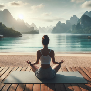 A-serene-outdoor-setting-where-a-person-is-sitting-on-a-yoga-mat-in-a-meditative-pose-facing.