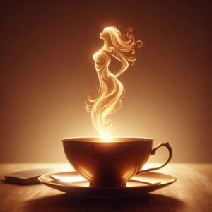 An elegant teacup, slightly tilted, with golden steam rising from it, forming the shape of a strong, confident woman standing tall.