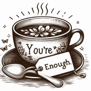Depict a cup of tea with a spoon resting beside it, and perhaps include a little label or tag on the cup with a positive message like 'You’re Enough' or 'Be Kind to Yourself.'