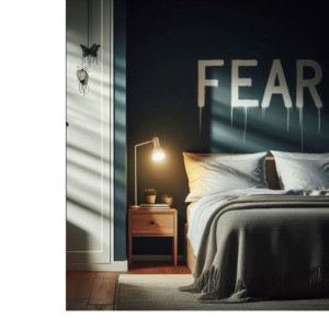 A cozy room with a bed and couch, slightly shadowed to symbolize hidden fear in a non-intimidating way, focusing on the environment to subtly hint at fear.