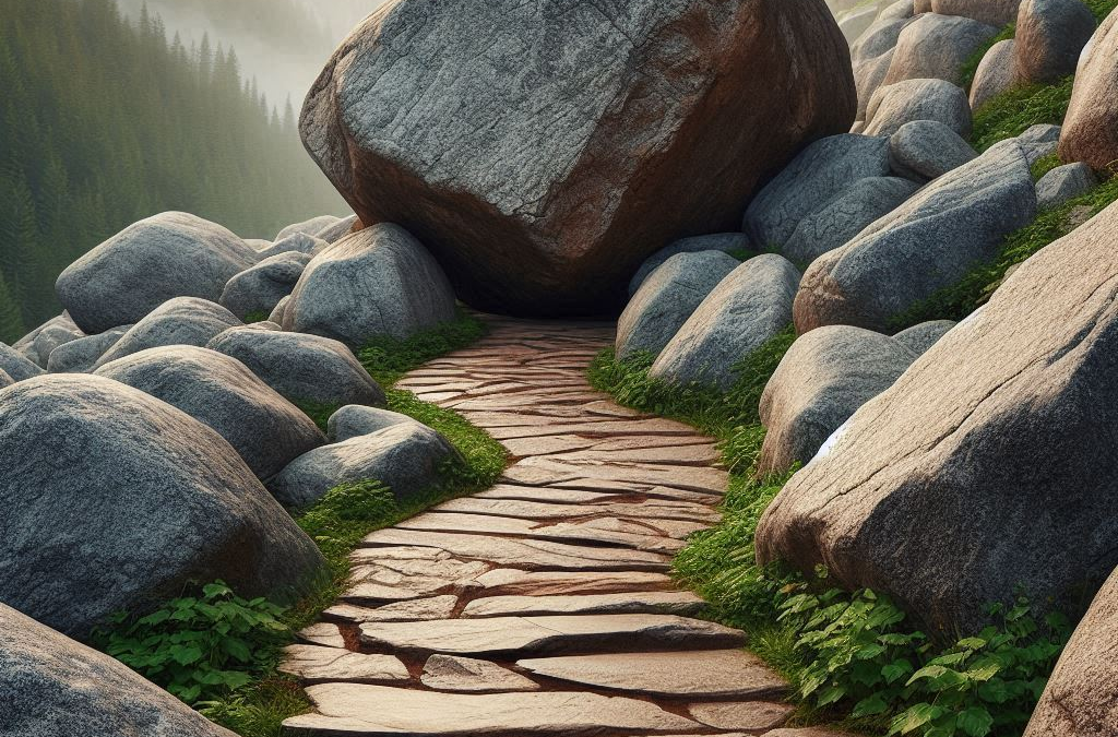 Boulders on the Path – A close-up of a winding road or pathway with large boulders or rocks blocking the way, symbolizing obstacles in life