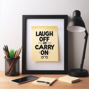 A framed or sticky note with a humorous quote on the desk or wall, saying 'Laugh off and carry on,' representing wit and resilience in overcoming challenges