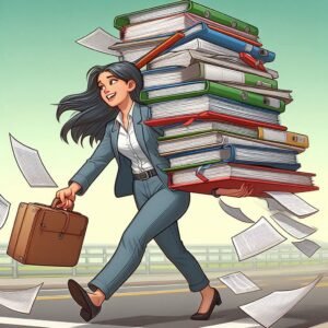 A woman walking along the road, carrying a stack of unfinished project files or notebooks, with some papers flying out behind her, humorously showing the weight of unfinished tasks