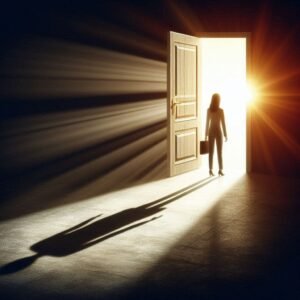 Person Standing at a Doorway with Light Beyond: Imagine a figure standing at the threshold of an open door, hesitant to step through