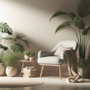 A serene, minimalistic room with a comfortable chair or reading nook, surrounded by houseplants and soft, diffused lighting. The plants can represent the various "herbs" of your inner blend, symbolizing the different qualities of introversion—calm, thoughtful, and deeply rooted in nature