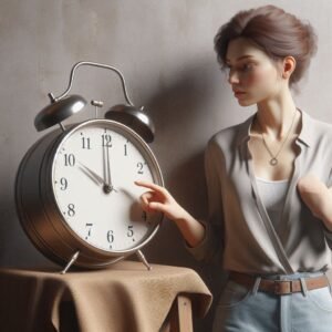  A-realistic-woman-standing-beside-a-clock
